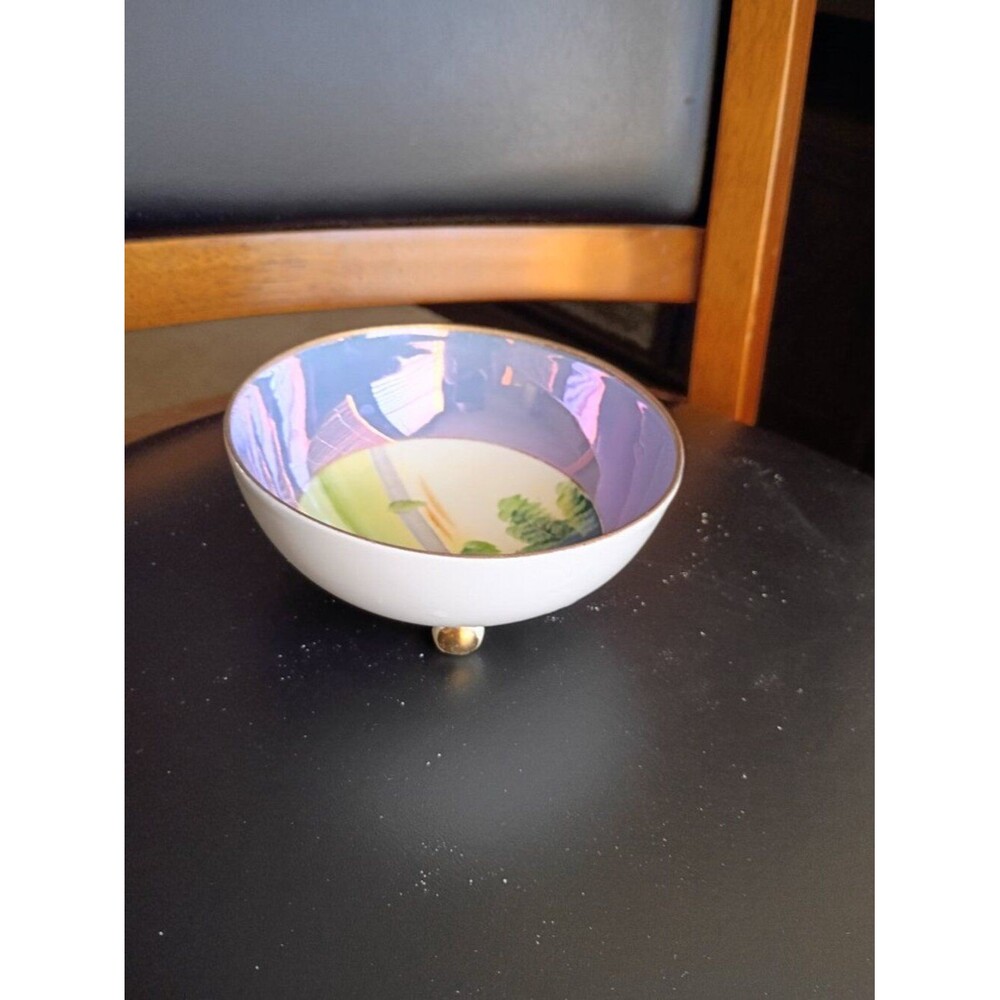 VTG Hand‑Painted Tri Footed Bowl — Pastel Floral Landscape, Made in Japan - MCM